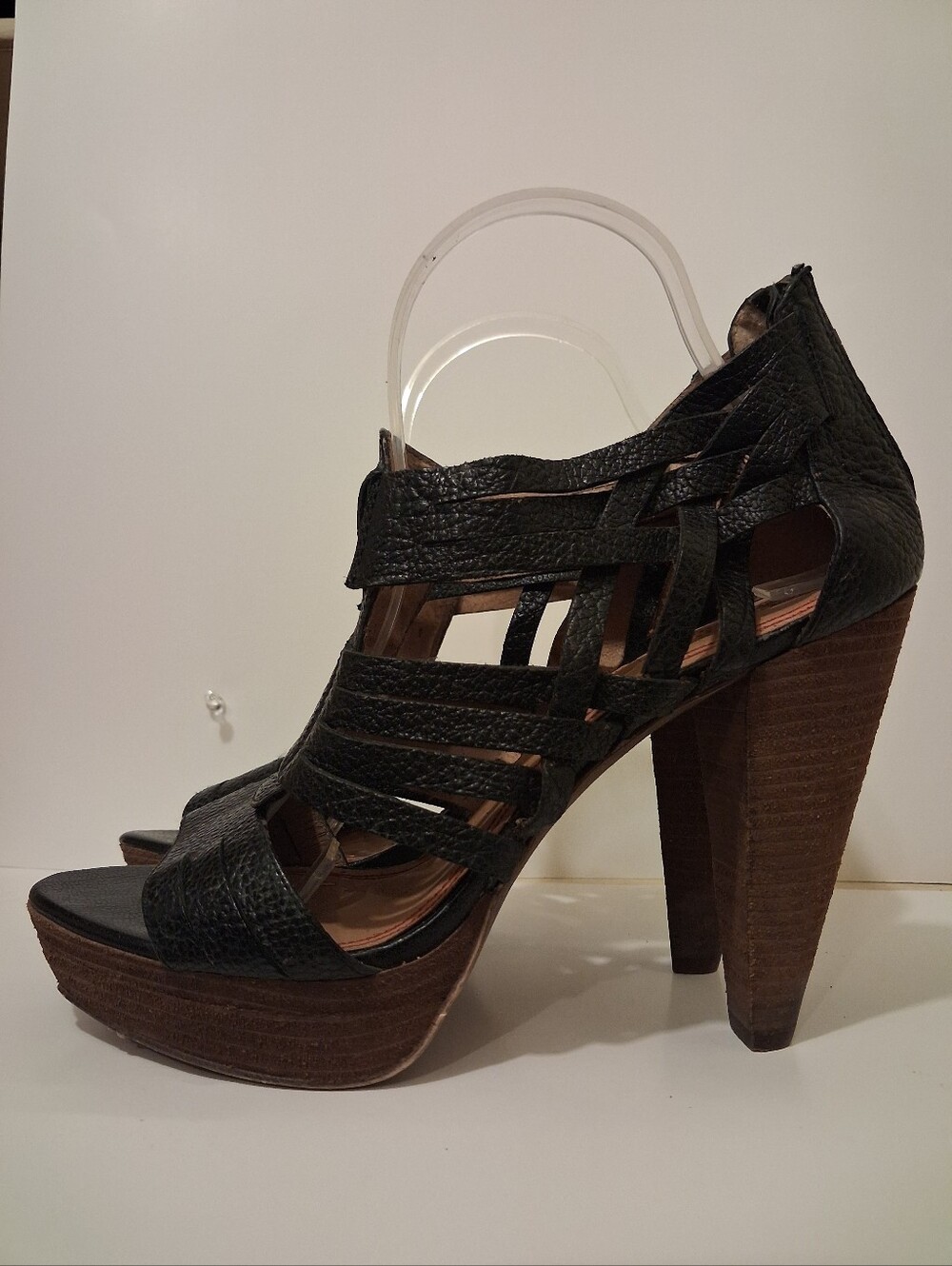 Miss Sixty Black Leather Cage Strappy Wood Platform Heels Sz 41